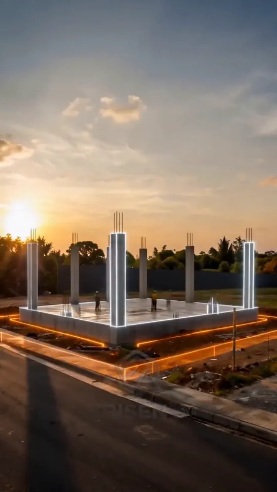 Fundação e pilares de concreto iluminados sobre o lote.