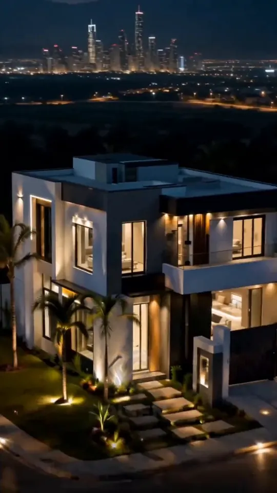 Casa de dois andares iluminada à noite, com a cidade ao fundo.