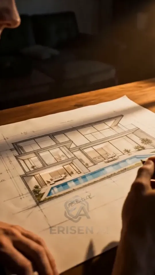 Mãos segurando o desenho da planta de uma casa com piscina.